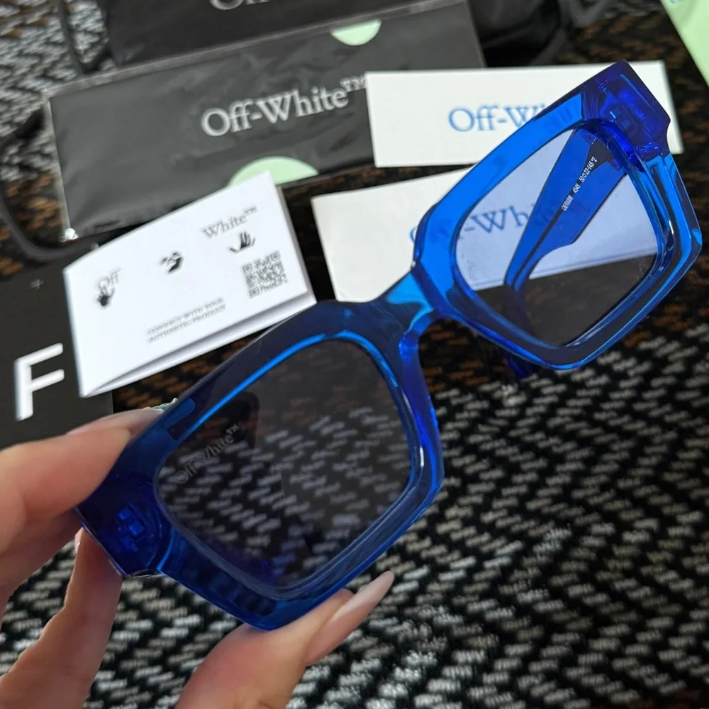 Off-White Blue Transparent Rectangular Sunglasses with Silver Logo